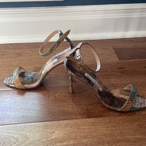 Manolo Blahnik Chaos Snake Ankle-Strap Sandals. Size 38 1/2.